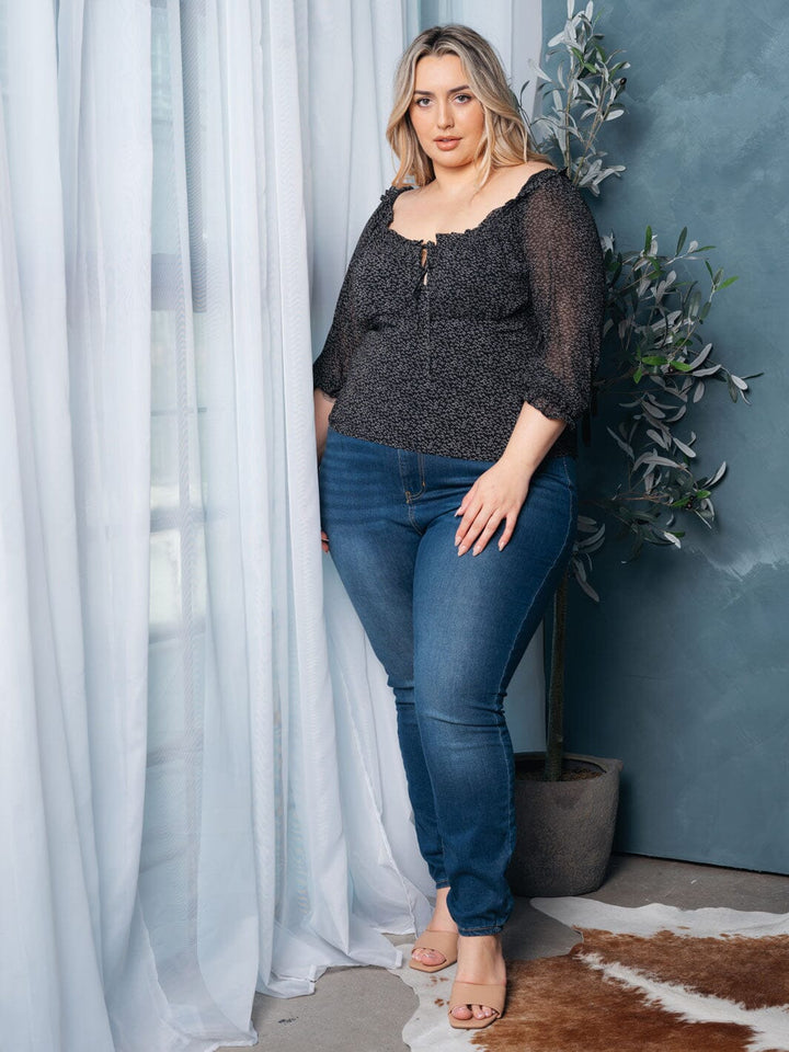 PLUS SIZE 3/4 SLEEVE SMOCK SQUARE NECK FLORAL TOP