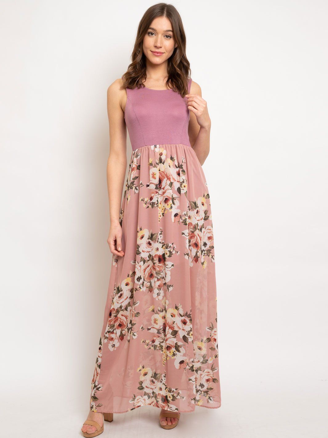 WOMEN'S FLORAL PRINT DUO FABRIC SLEEVELESS MAXI DRESS