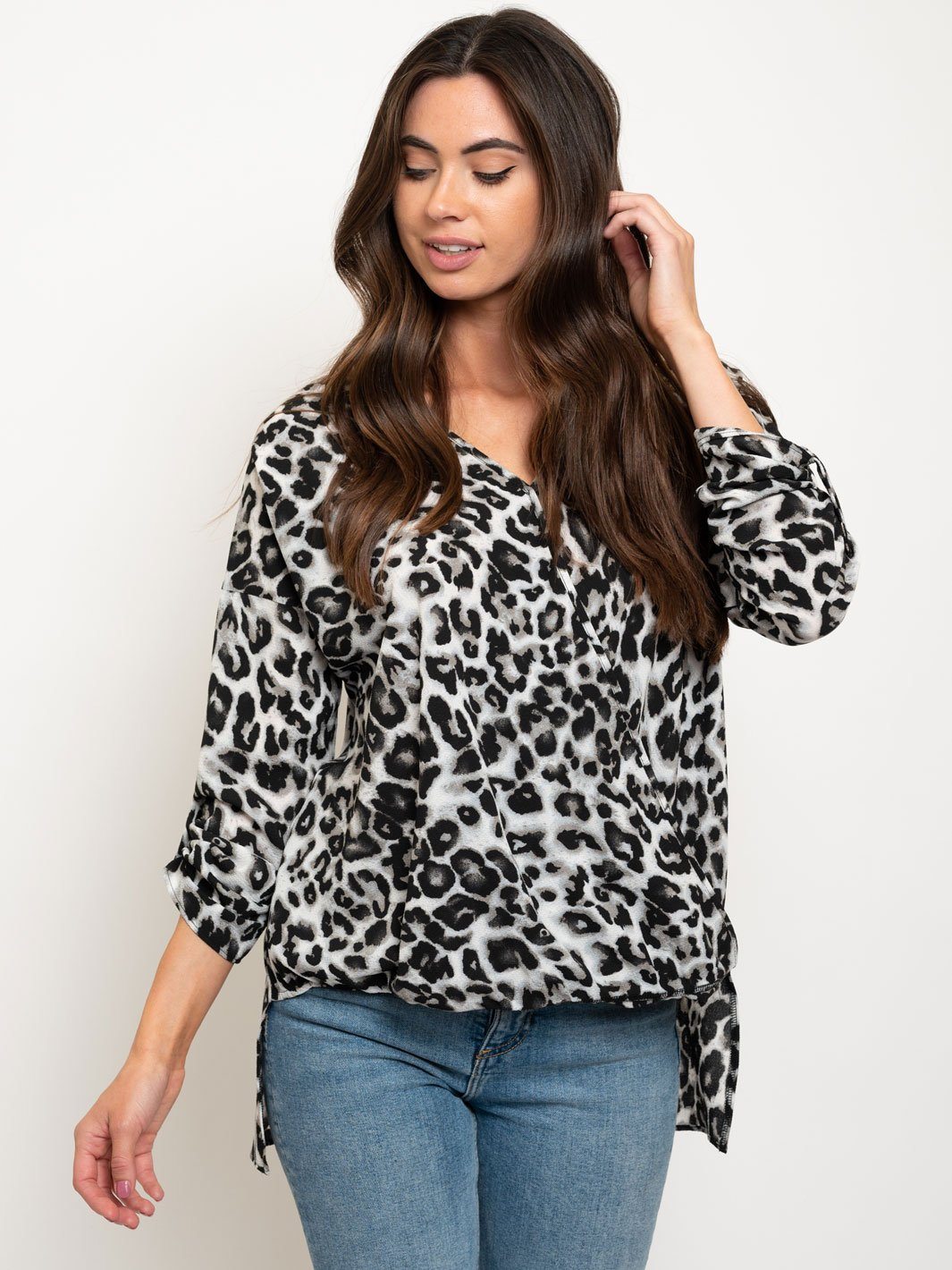 WOMEN'S SURPLICE STRIPE TAB SLEEVES ANIMAL PRINT TOP