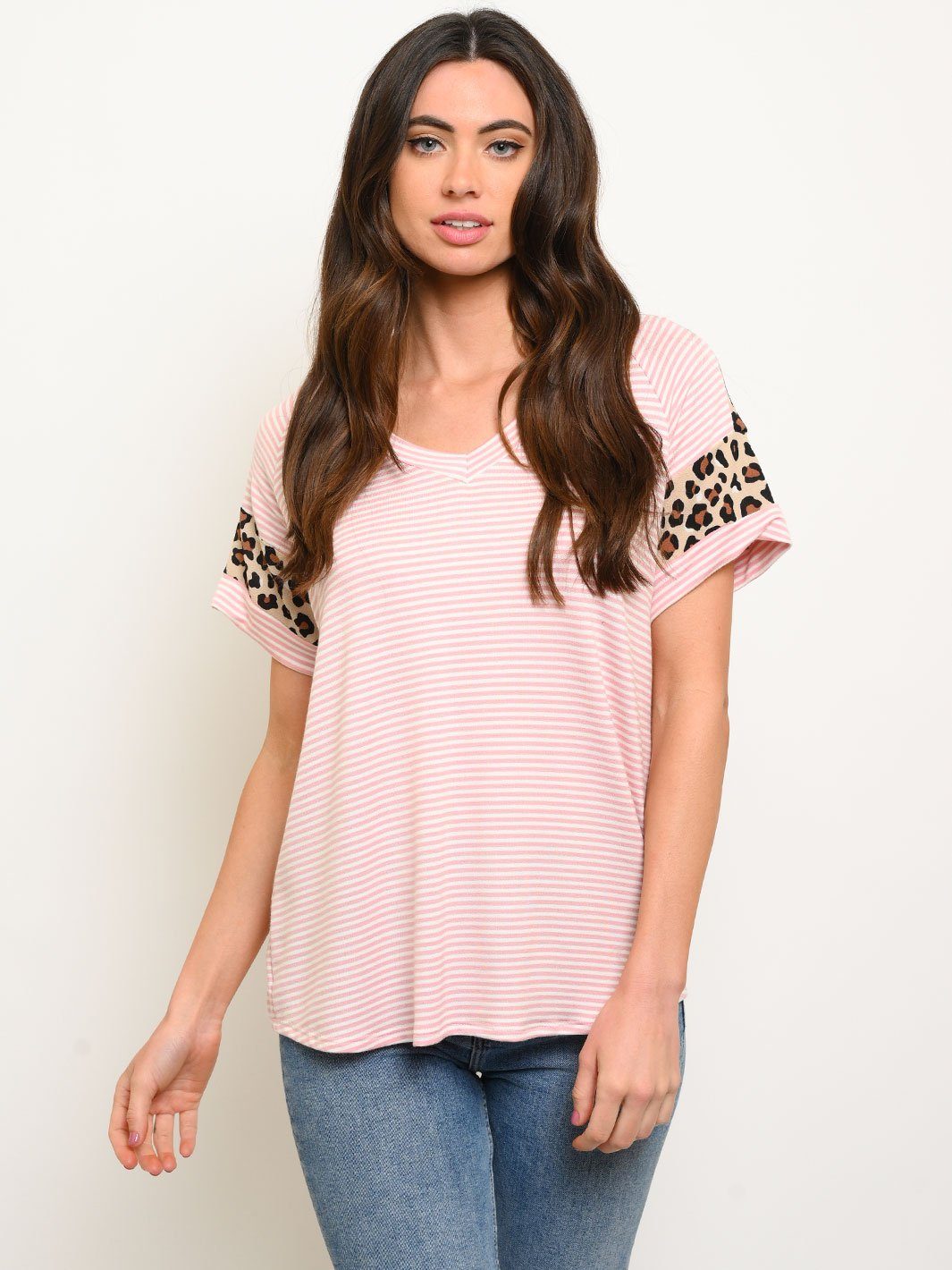 WOMEN'S STRIPES ANIMAL PRINT SLEEVE DETAIL TOP