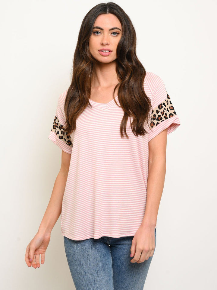 WOMEN'S STRIPES ANIMAL PRINT SLEEVE DETAIL TOP