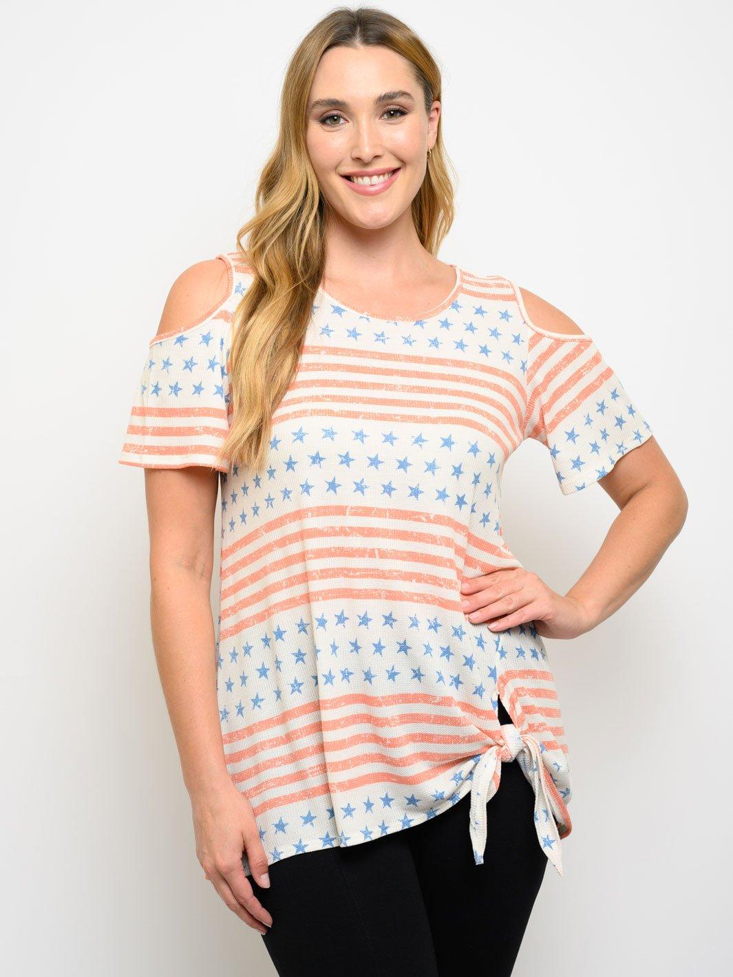 PLUS SIZE COLD SHOULDER MULTI PRINT TOP