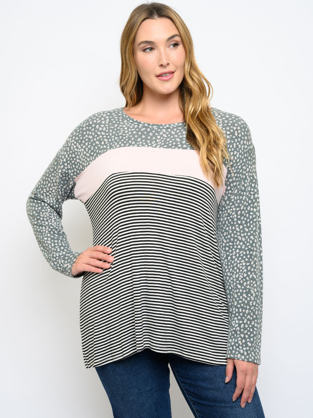 PLUS SIZE LONG SLEEVE MULTI PRINT TOP