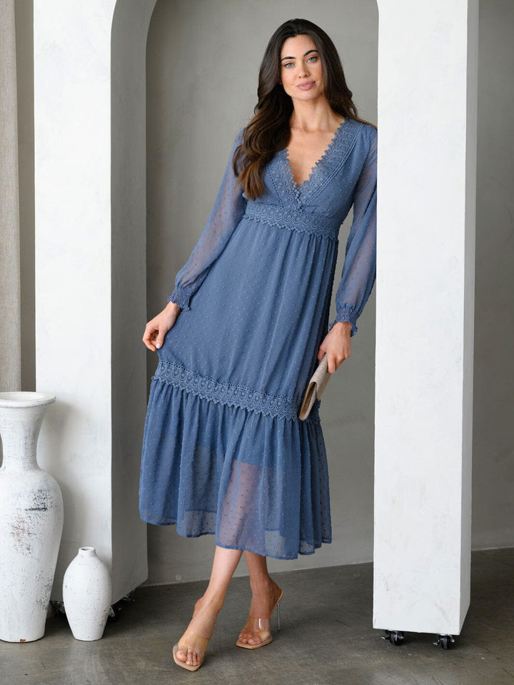 WOMEN'S LONG SLEEVE V-NECK TIERED SWISS DOTS MIDI DRESS