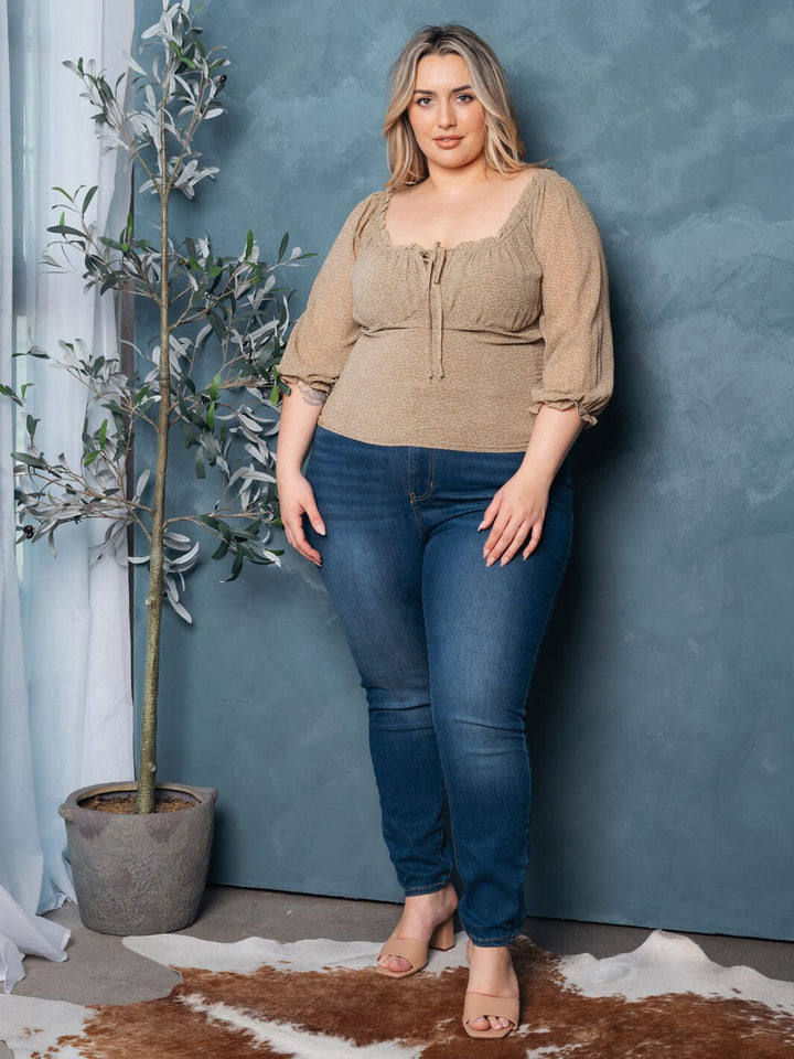 PLUS SIZE 3/4 SLEEVE SMOCK SQUARE NECK FLORAL TOP