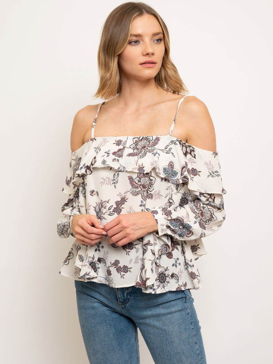 WOMEN'S OFF SHOULDER RUFFLE FLORAL PRINT TOP