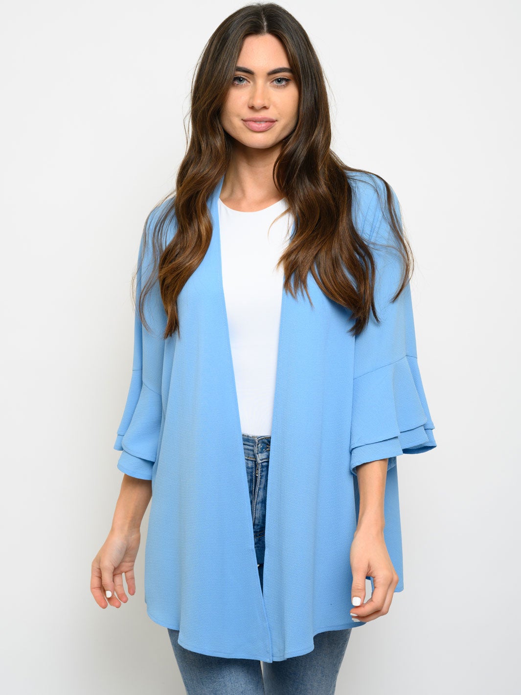 WOMEN'S RUFFLE 3/4 SLEEVE OPEN CARDIGAN
