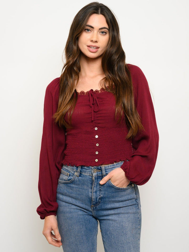 WOMEN'S LONG SLEEVE SMOCKING LACE DETAIL CROP TOP