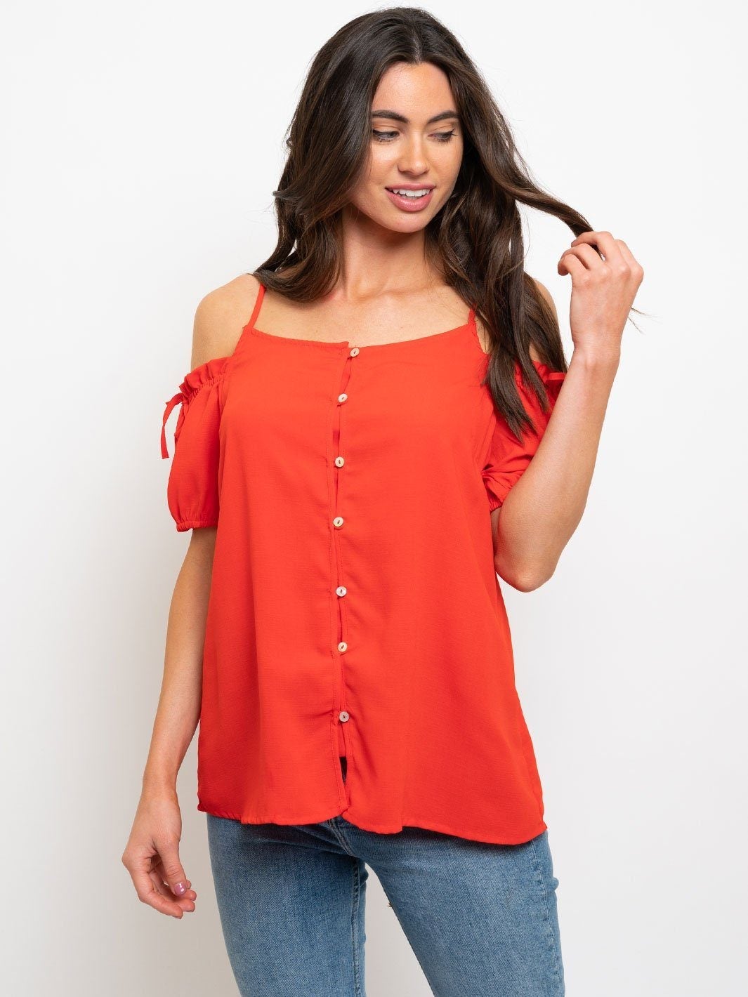 WOMEN'S COLD SHOULDER BUTTON UP TOP