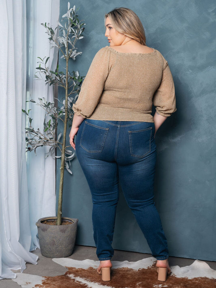 PLUS SIZE 3/4 SLEEVE SMOCK SQUARE NECK FLORAL TOP