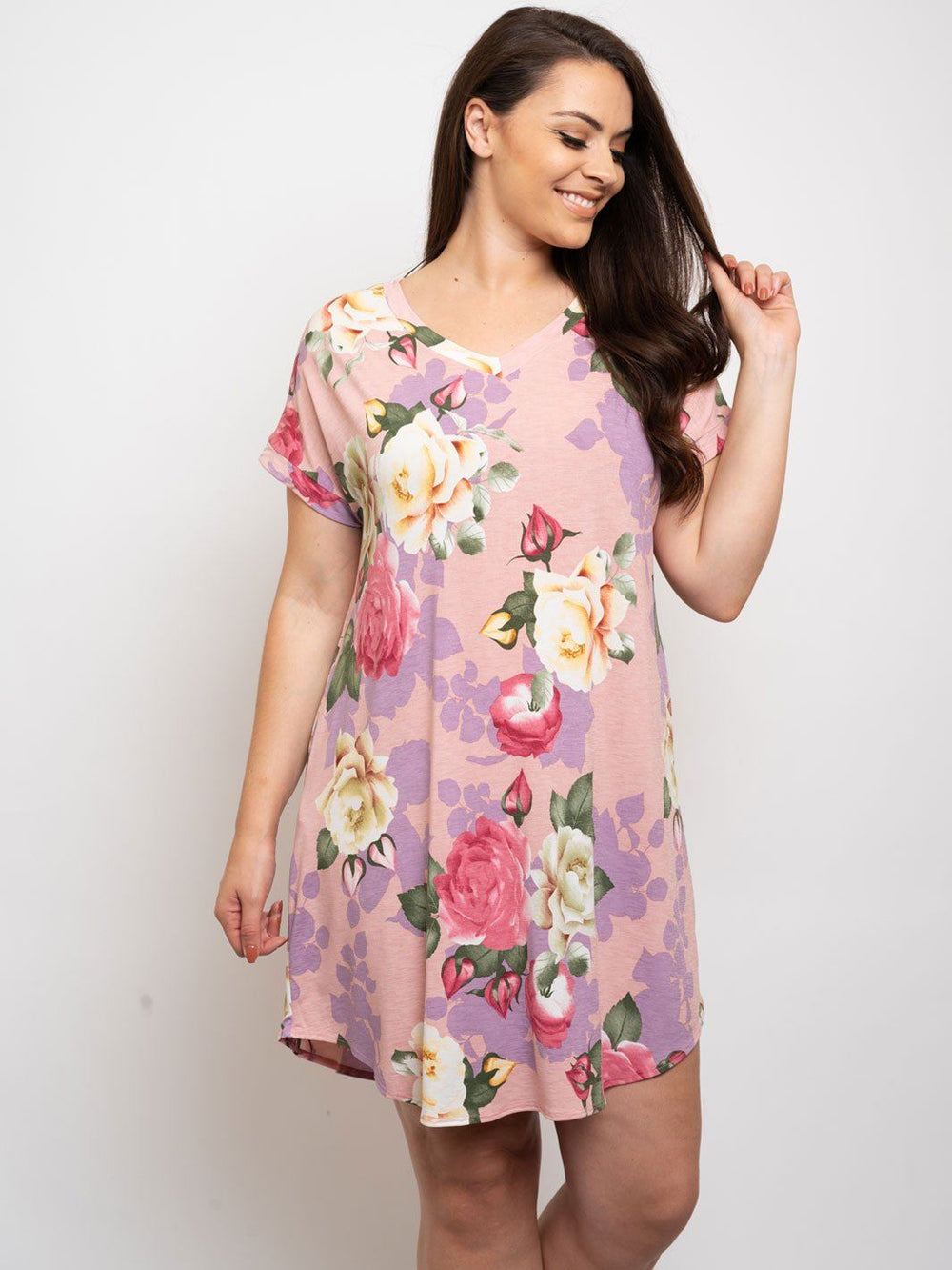 PLUS SIZE FLORAL SHORT SLEEVE TUNIC DRESS