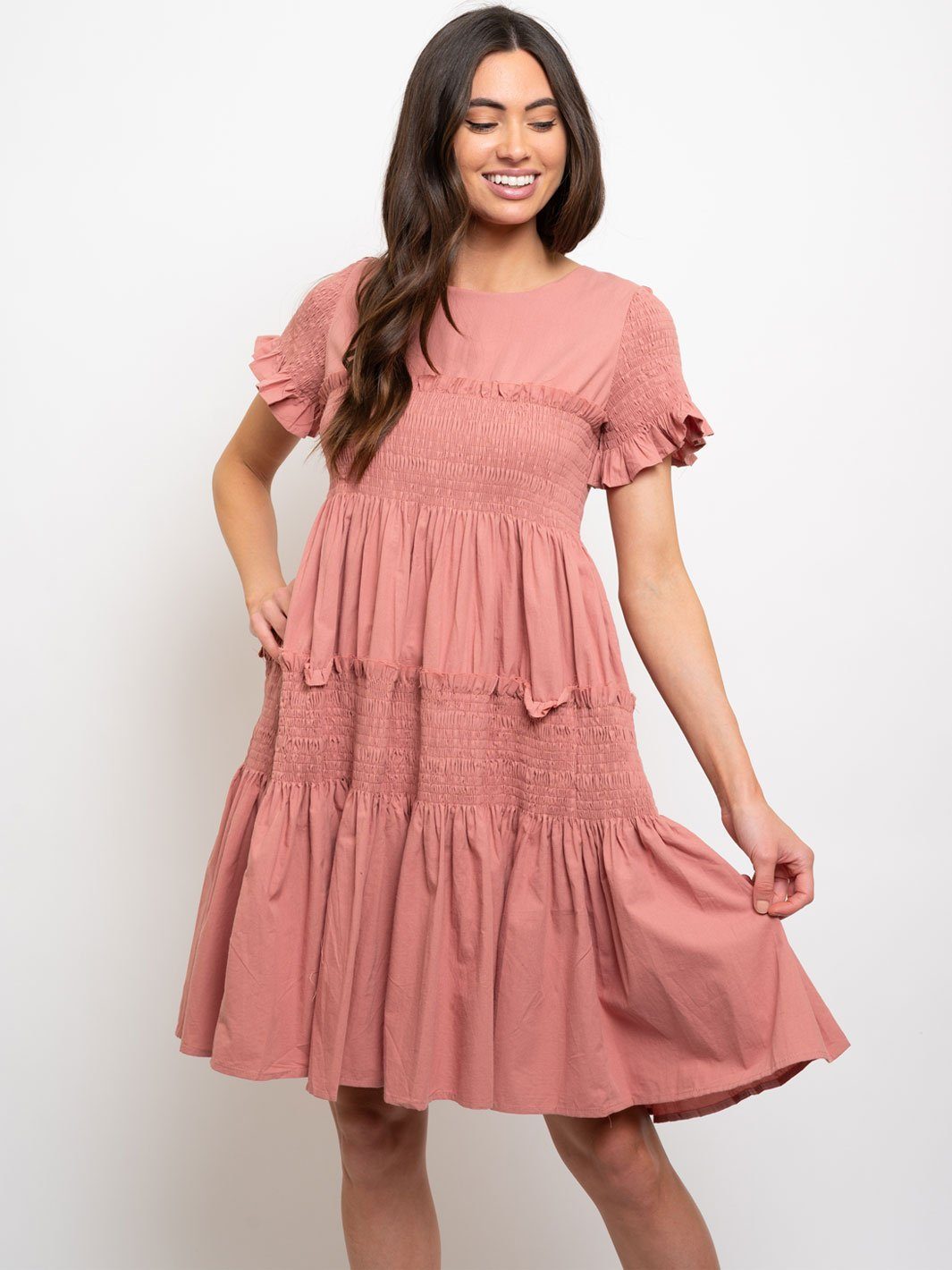 WOMEN'S MIDI RUFFLE SMOCKING DRESS