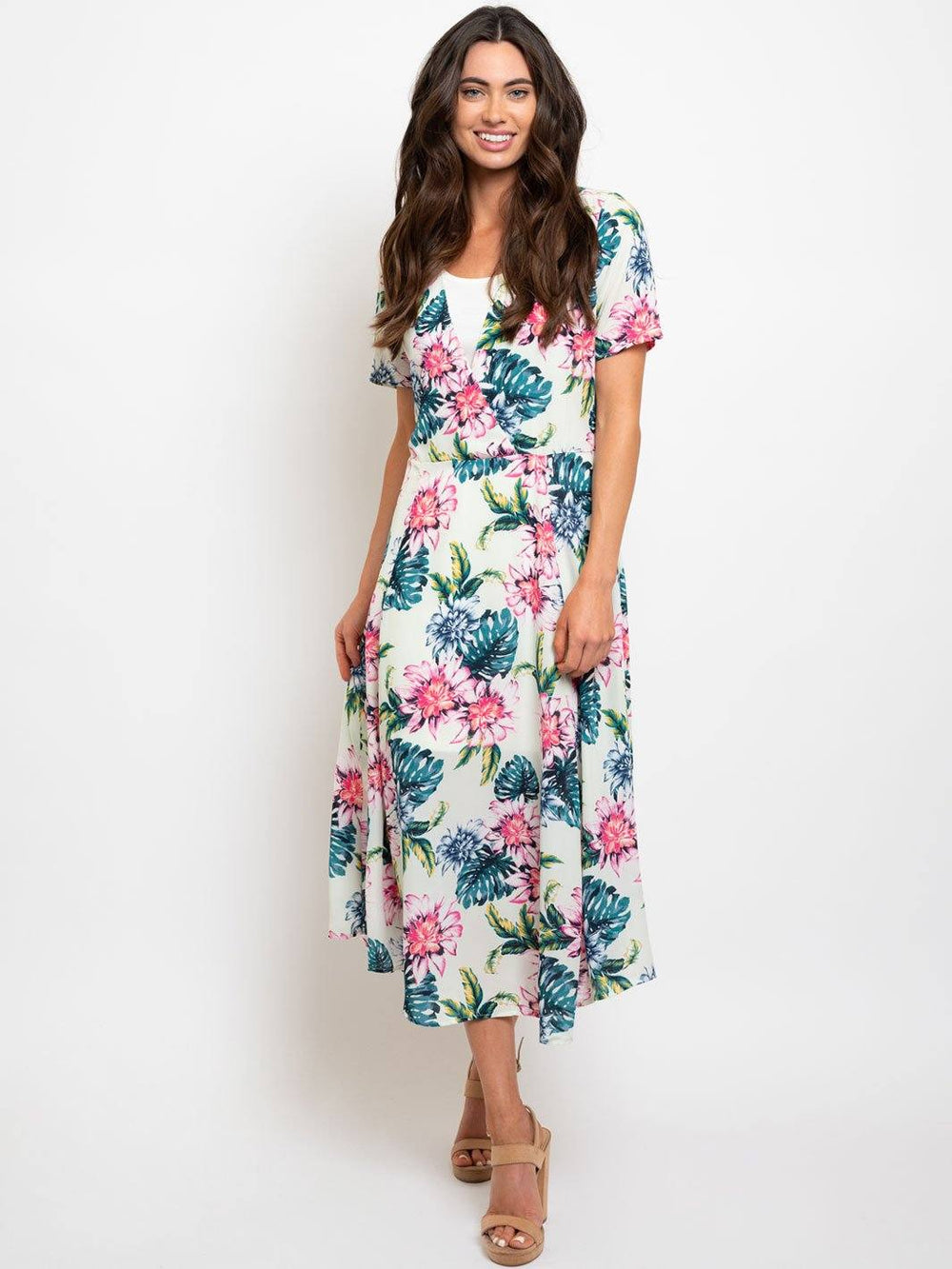 WOMEN'S FLORAL SHORT SLEEVE MIDI DRESS