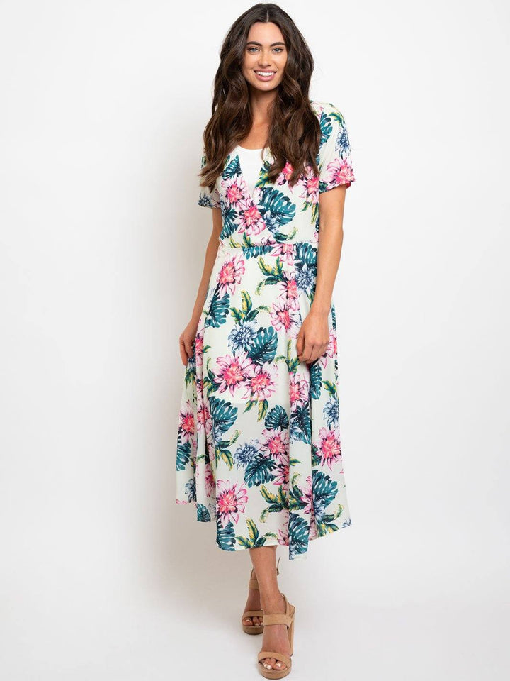 WOMEN'S FLORAL SHORT SLEEVE MIDI DRESS