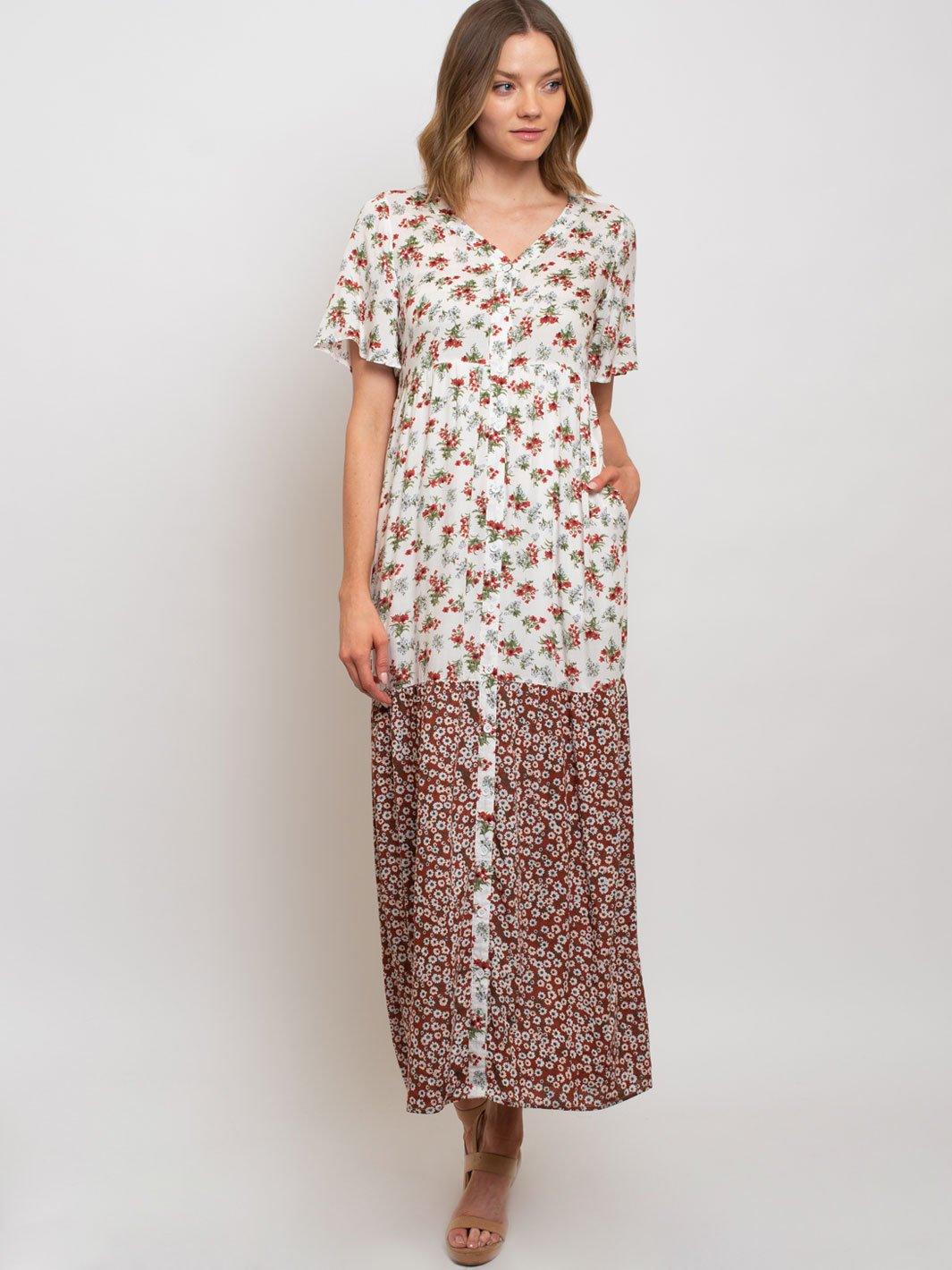 WOMEN'S MULTI PRINT BUTTON UP MAXI DRESS