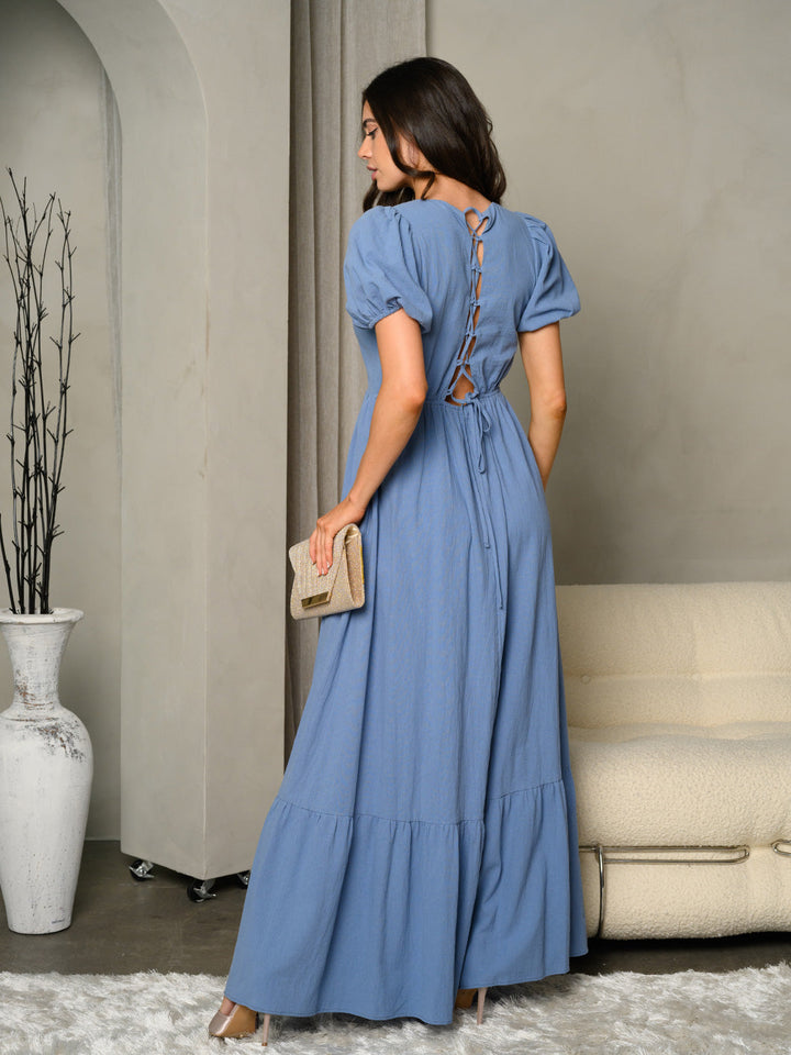 WOMEN'S SHORT PUFF SLEEVE BACK DETAILED MAXI DRESS