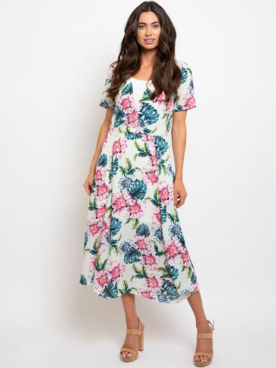 WOMEN'S FLORAL SHORT SLEEVE MIDI DRESS