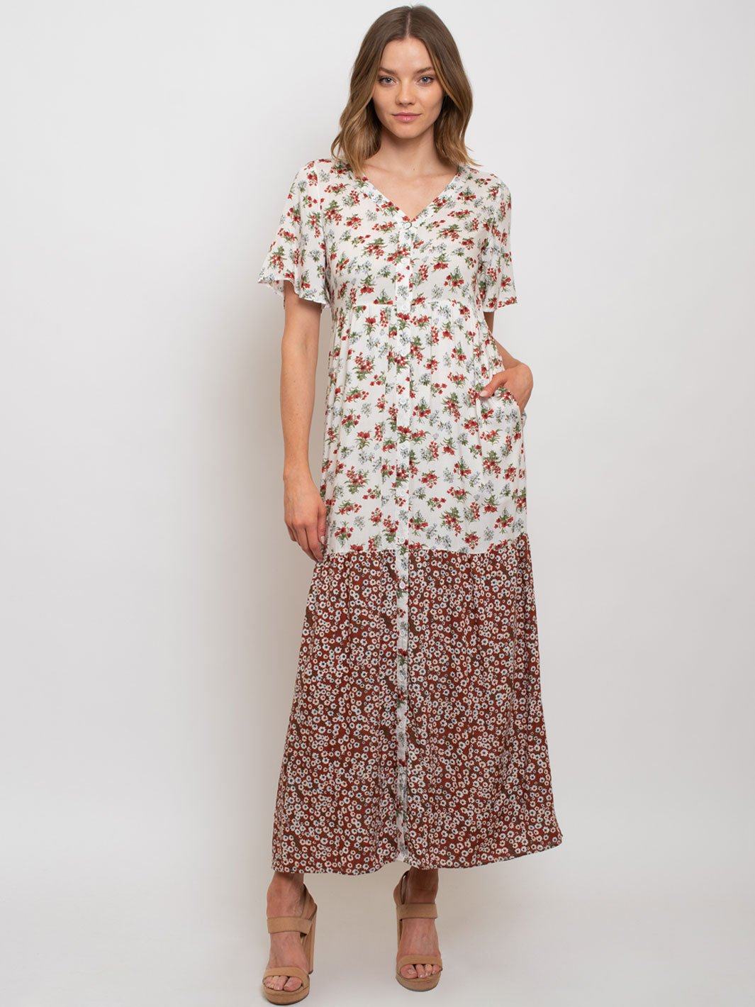 WOMEN'S MULTI PRINT BUTTON UP MAXI DRESS