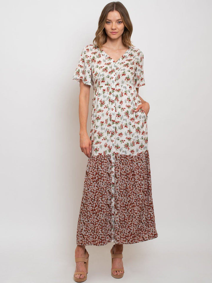 WOMEN'S MULTI PRINT BUTTON UP MAXI DRESS