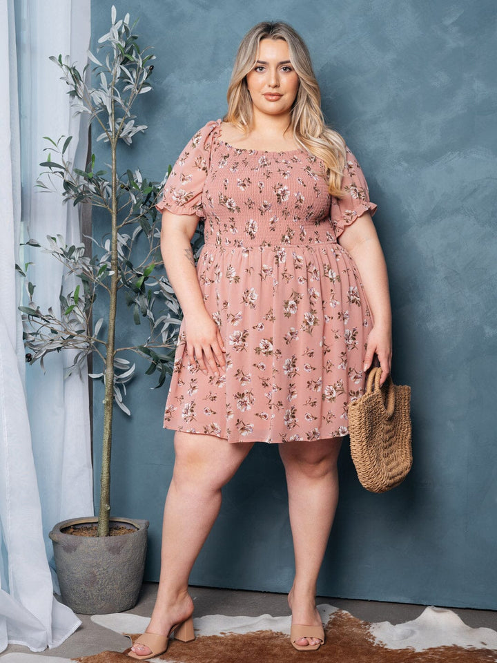 PLUS SIZE SHORT SLEEVE SMOCK FLORAL MINI DRESS