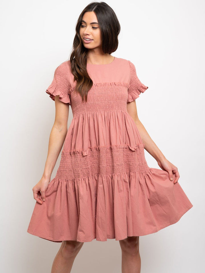 WOMEN'S MIDI RUFFLE SMOCKING DRESS