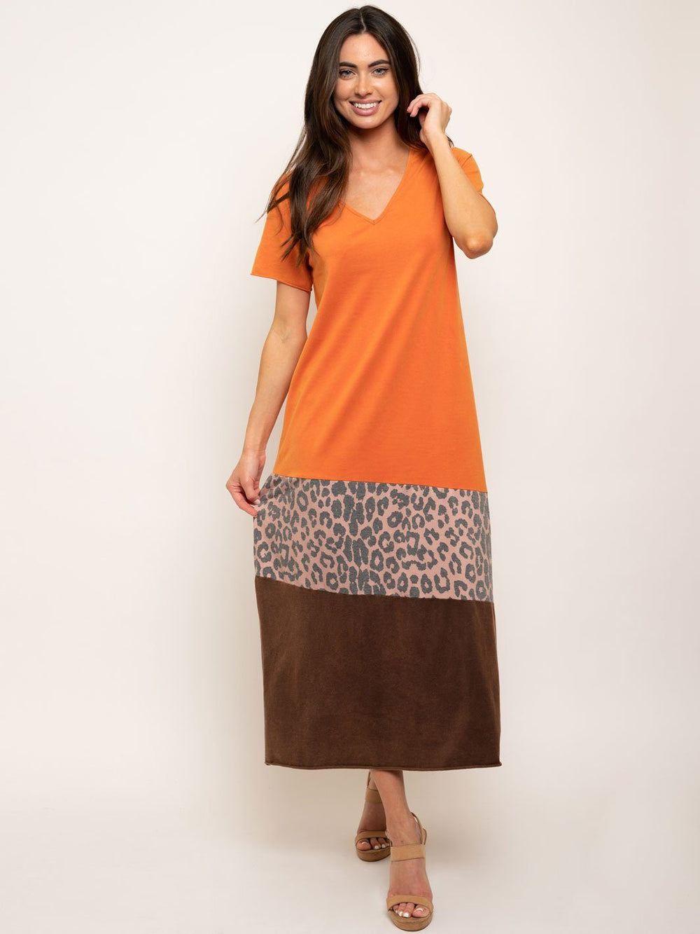 WOMEN'S VINTAGE LEOPARD / SOLID MAXI DRESS
