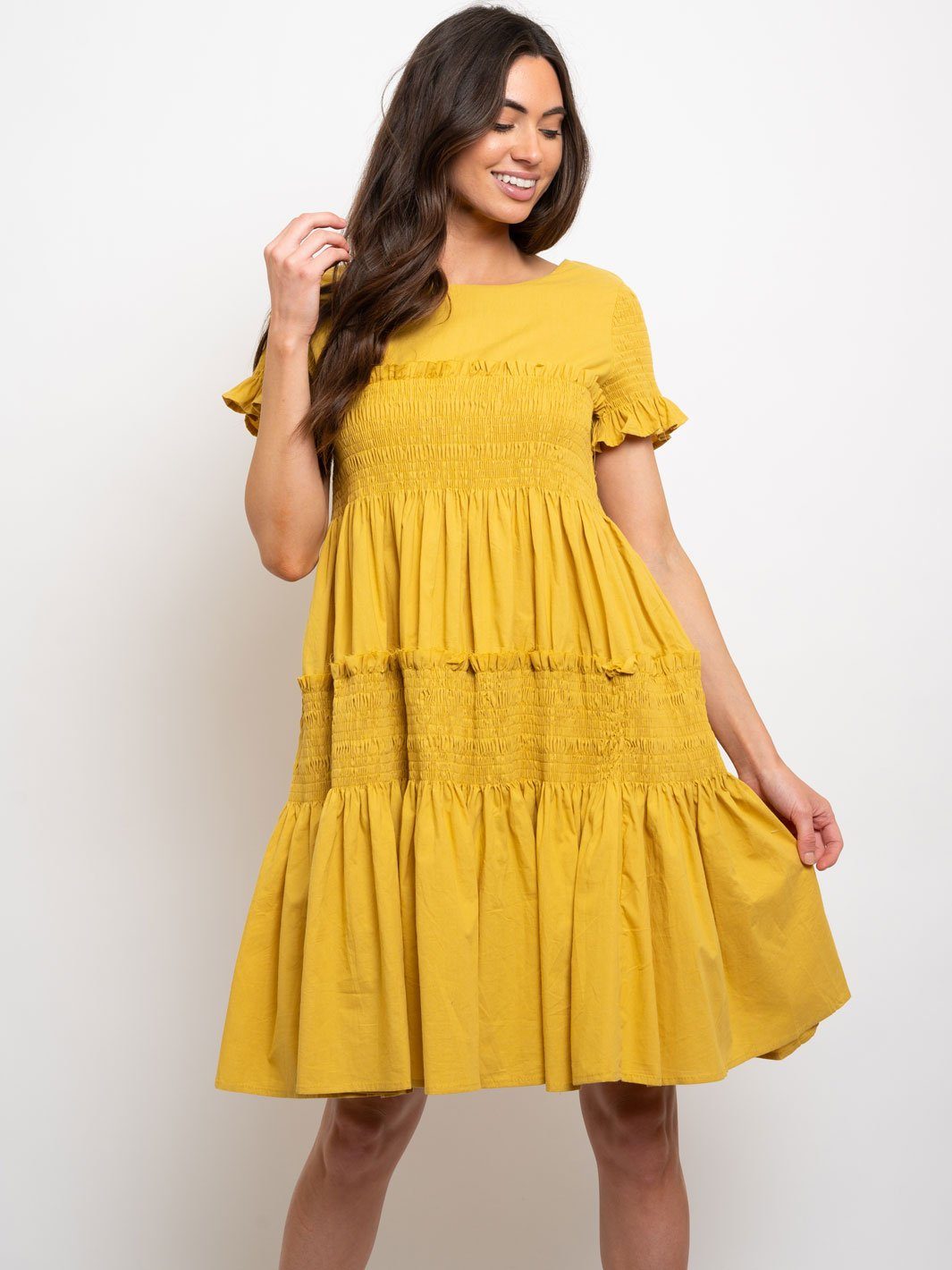 WOMEN'S MIDI RUFFLE SMOCKING DRESS