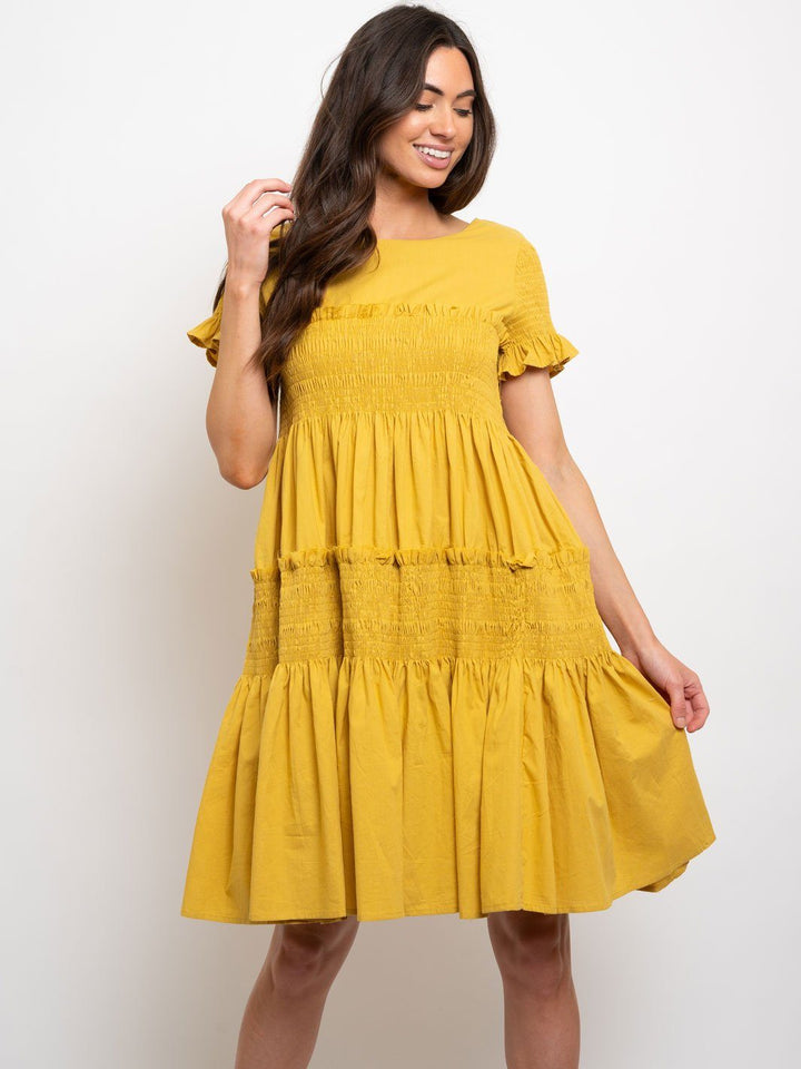WOMEN'S MIDI RUFFLE SMOCKING DRESS