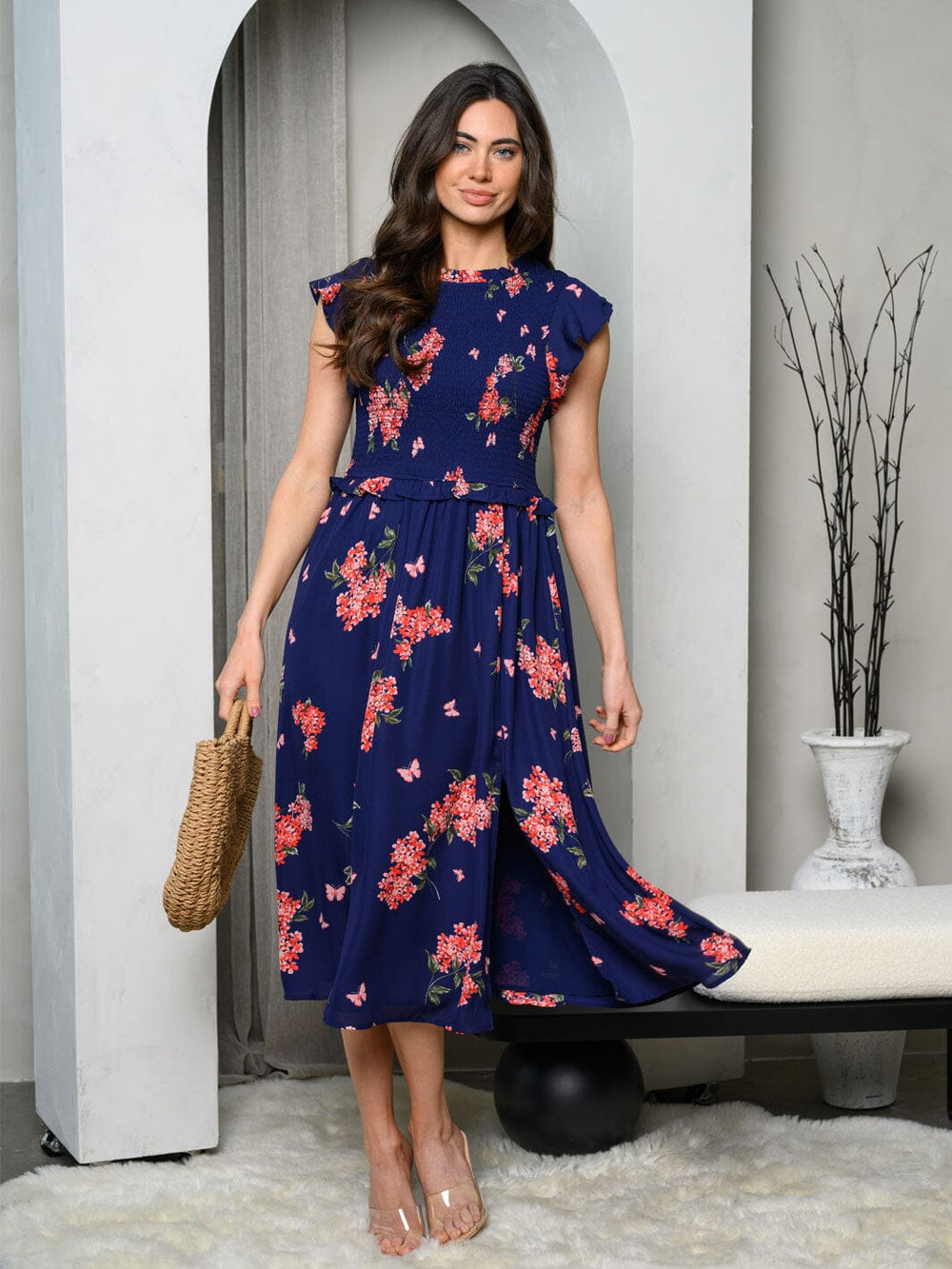 WOMEN'S SLEEVELESS SMOKED FLORAL MIDI DRESS