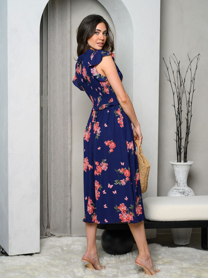 WOMEN'S SLEEVELESS SMOKED FLORAL MIDI DRESS
