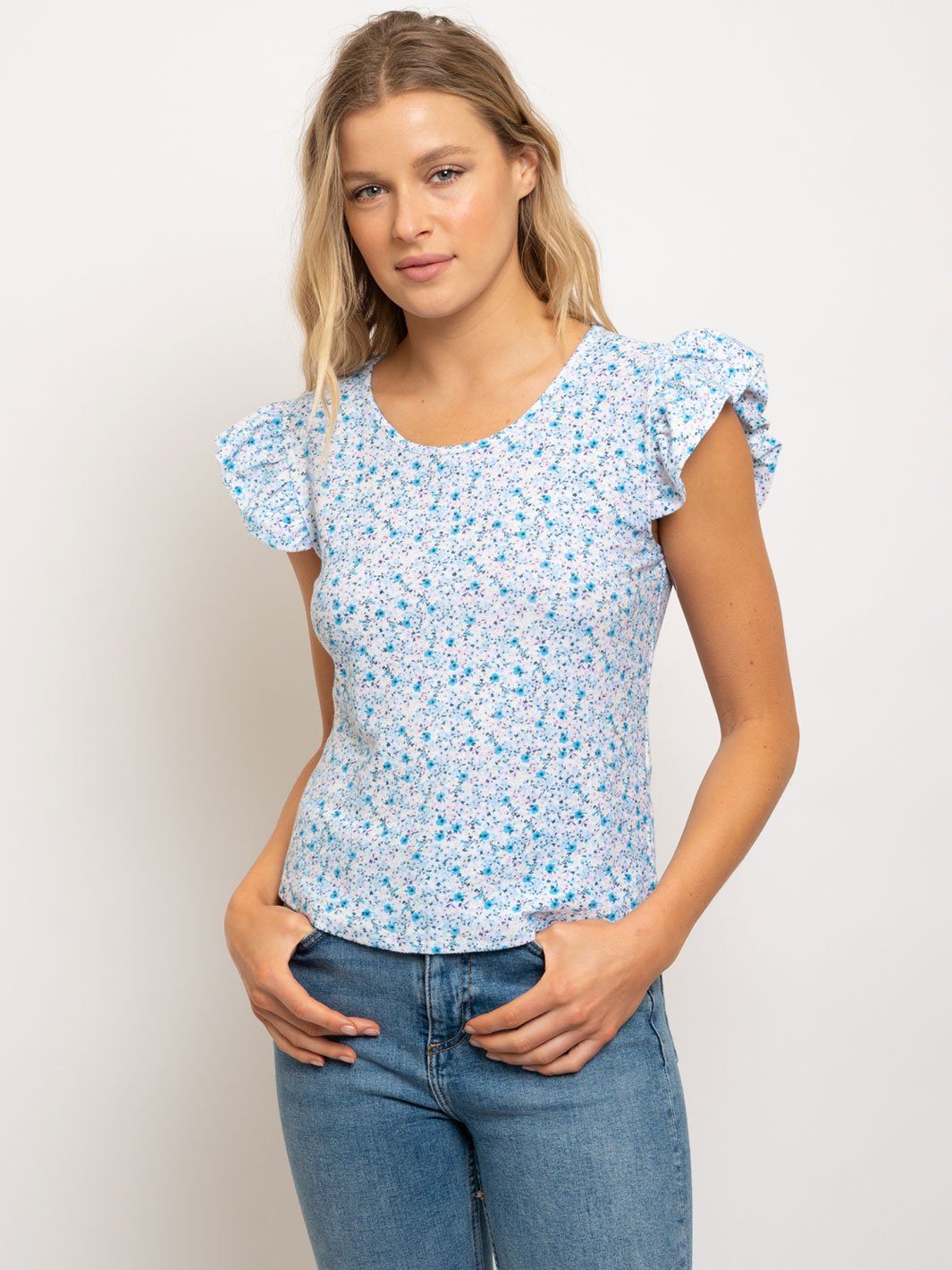 WOMEN'S RUFFLE SLEEVES REVERSED BABY FRENCH TERRY TOP