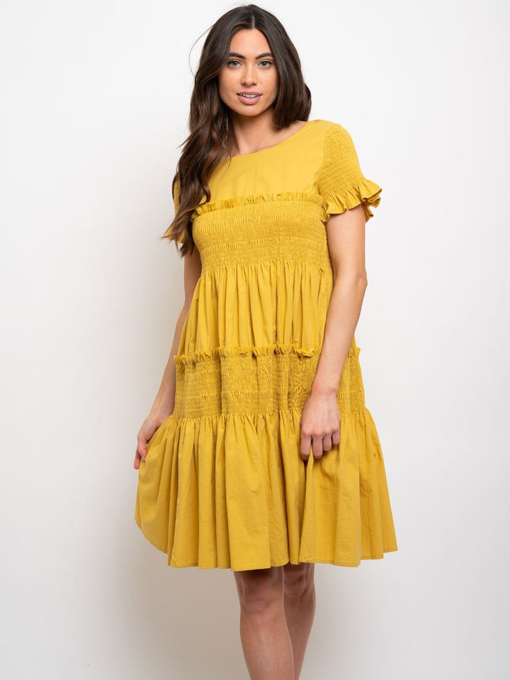 WOMEN'S MIDI RUFFLE SMOCKING DRESS
