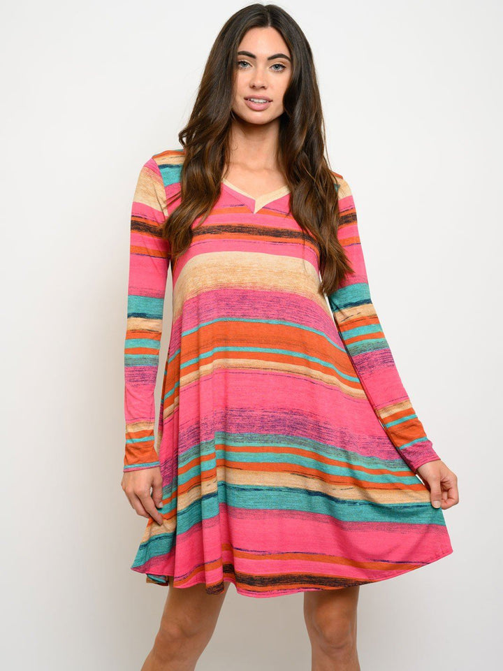 WOMEN'S LONG SLEEVE POCKETS MULTI COLOR DRESS