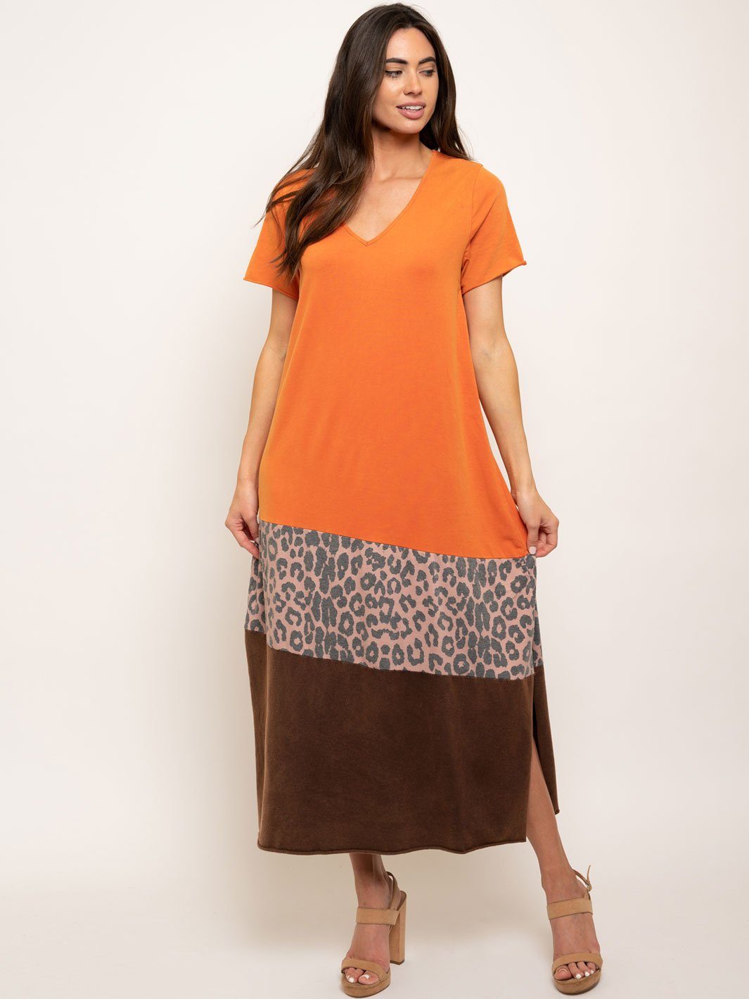 WOMEN'S VINTAGE LEOPARD / SOLID MAXI DRESS