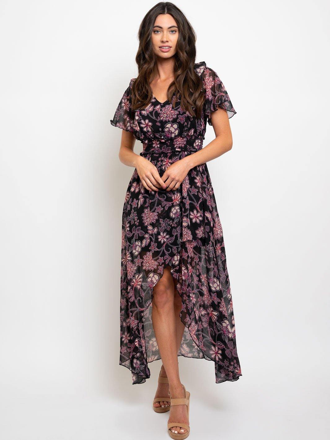 WOMEN'S BLACK FLORAL SMOCK WAIST MAXI DRESS