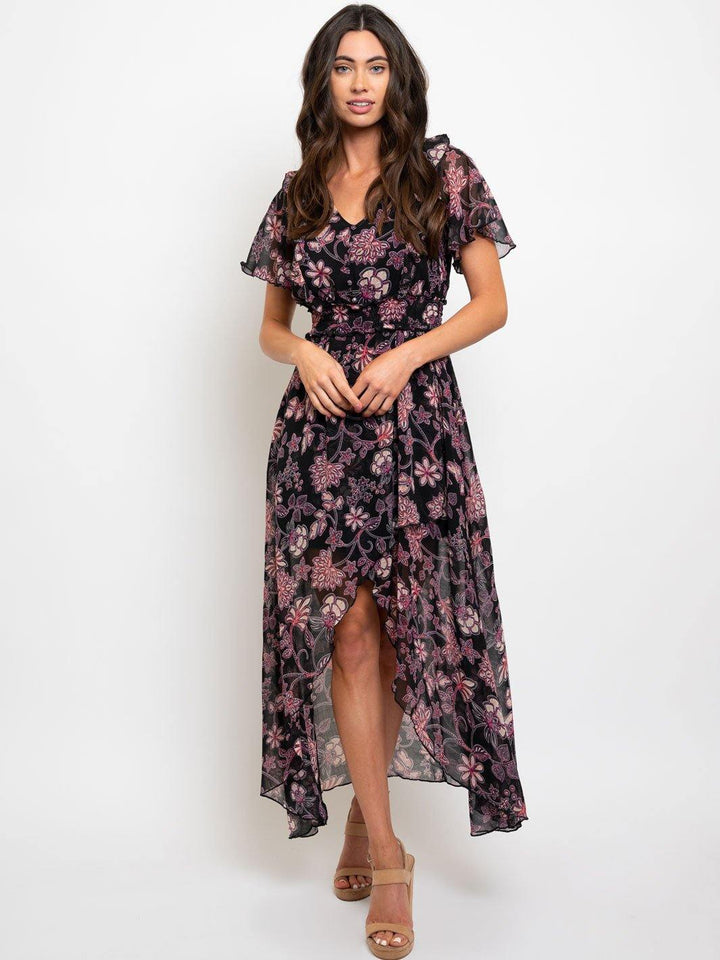 WOMEN'S BLACK FLORAL SMOCK WAIST MAXI DRESS