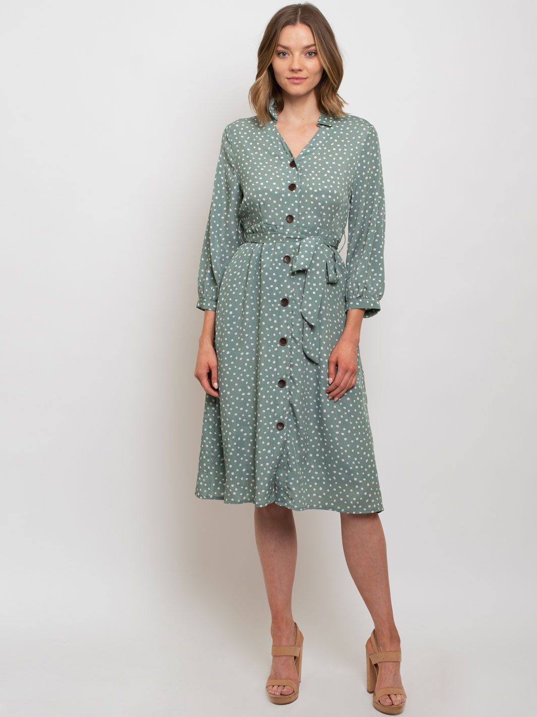 WOMEN'S COLLAR DETAIL SELF TIE BELT MIDI DRESS