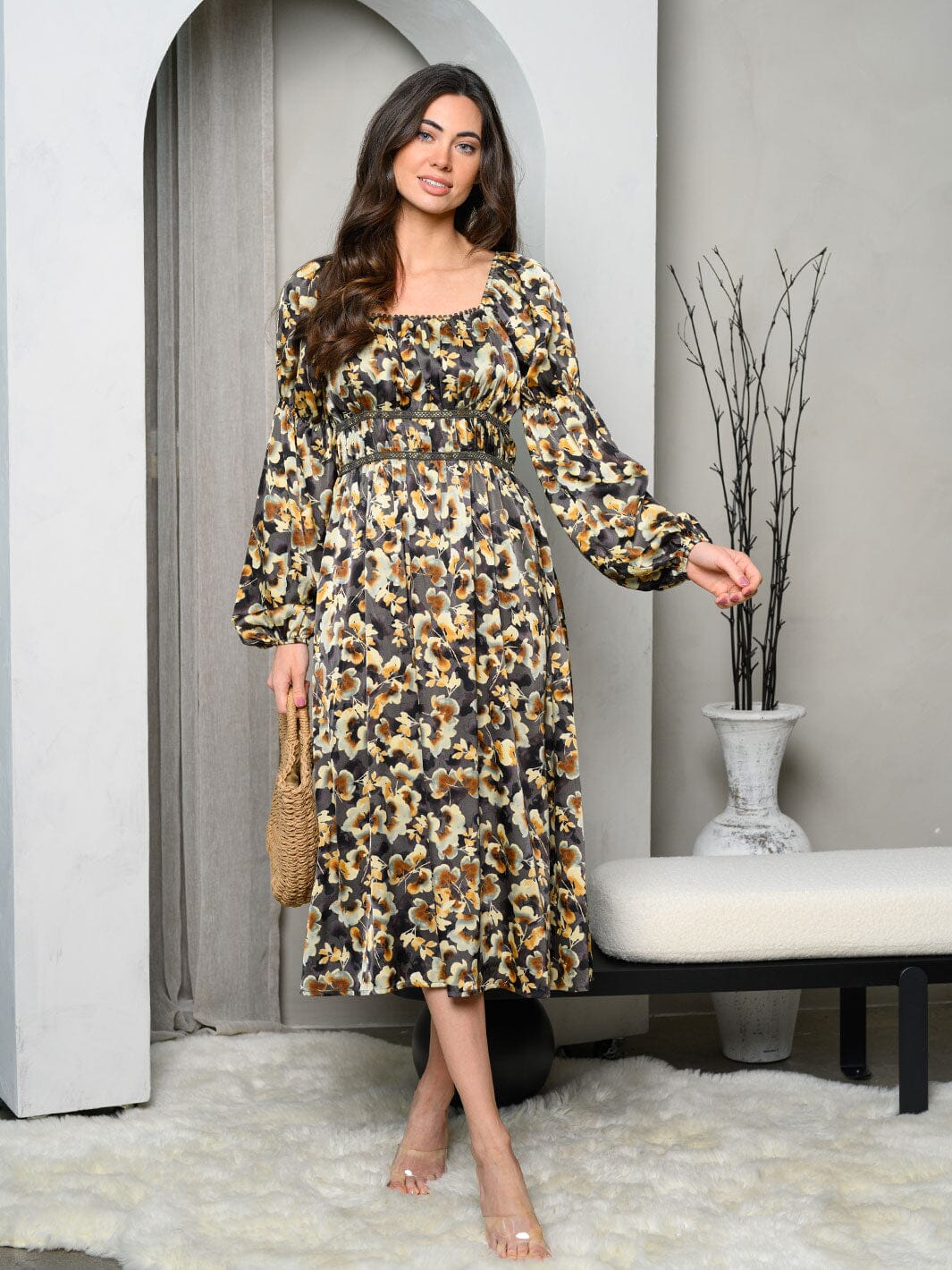 WOMEN'S LONG SLEEVE ELASTIC WAIST FLORAL MIDI DRESS