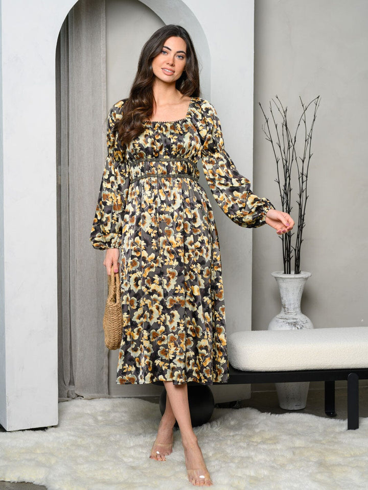 WOMEN'S LONG SLEEVE ELASTIC WAIST FLORAL MIDI DRESS