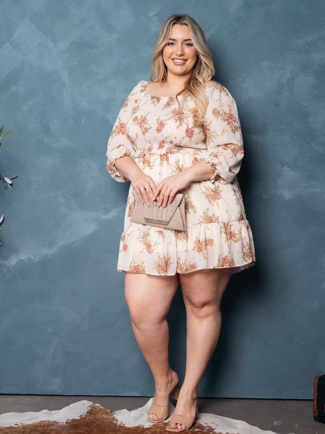 PLUS SIZE 3/4 SLEEVES RUFFLE SMOCK FLORAL MINI DRESS