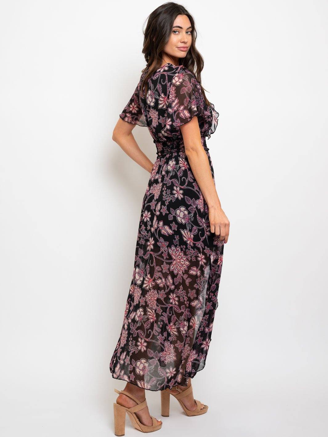 WOMEN'S BLACK FLORAL SMOCK WAIST MAXI DRESS