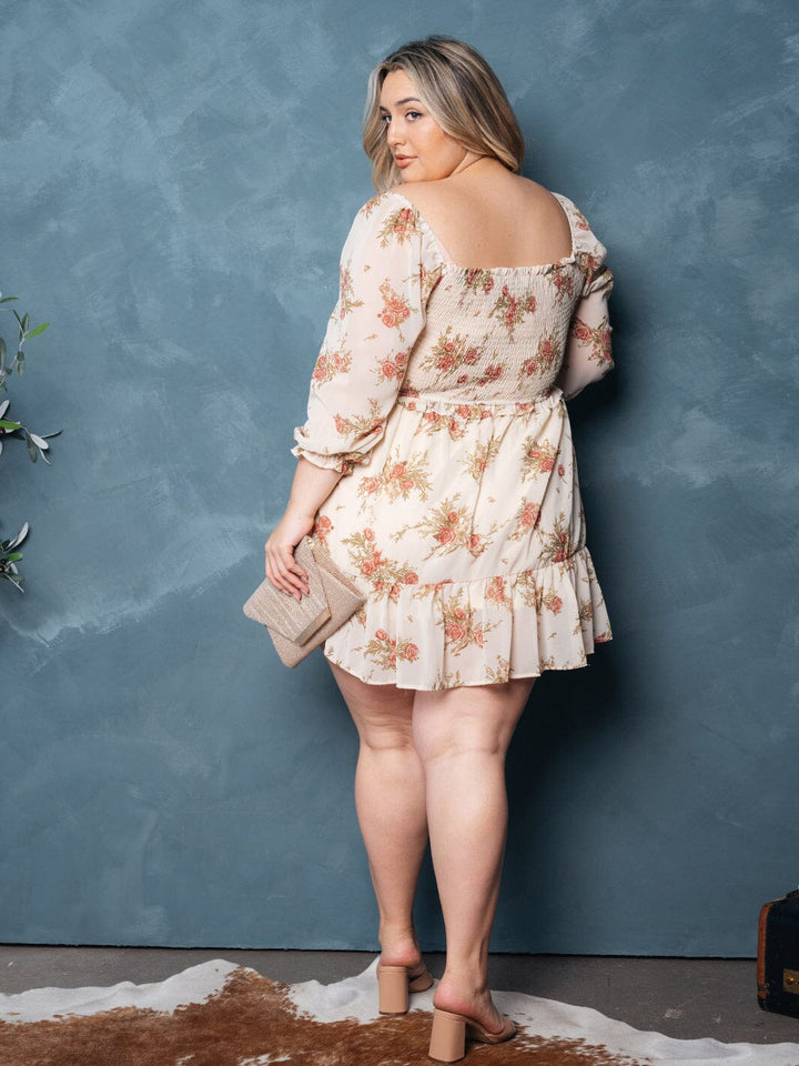 PLUS SIZE 3/4 SLEEVES RUFFLE SMOCK FLORAL MINI DRESS