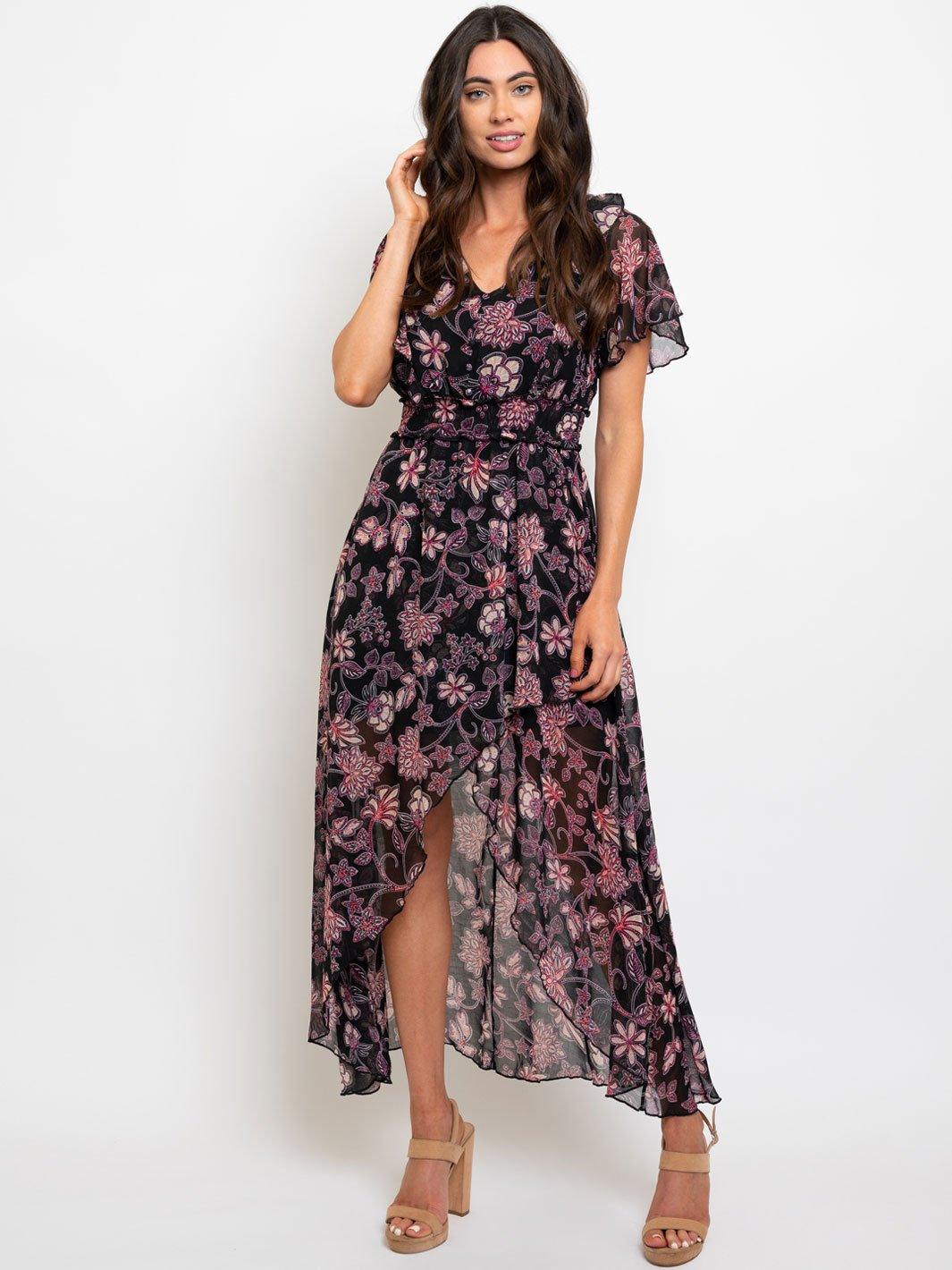 WOMEN'S BLACK FLORAL SMOCK WAIST MAXI DRESS