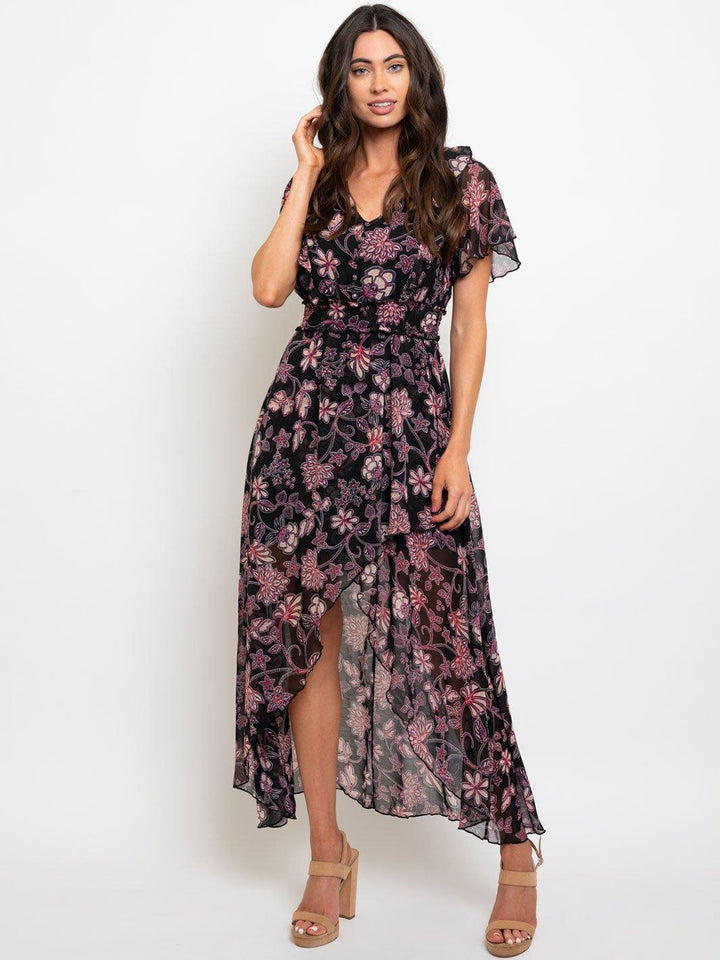 WOMEN'S BLACK FLORAL SMOCK WAIST MAXI DRESS