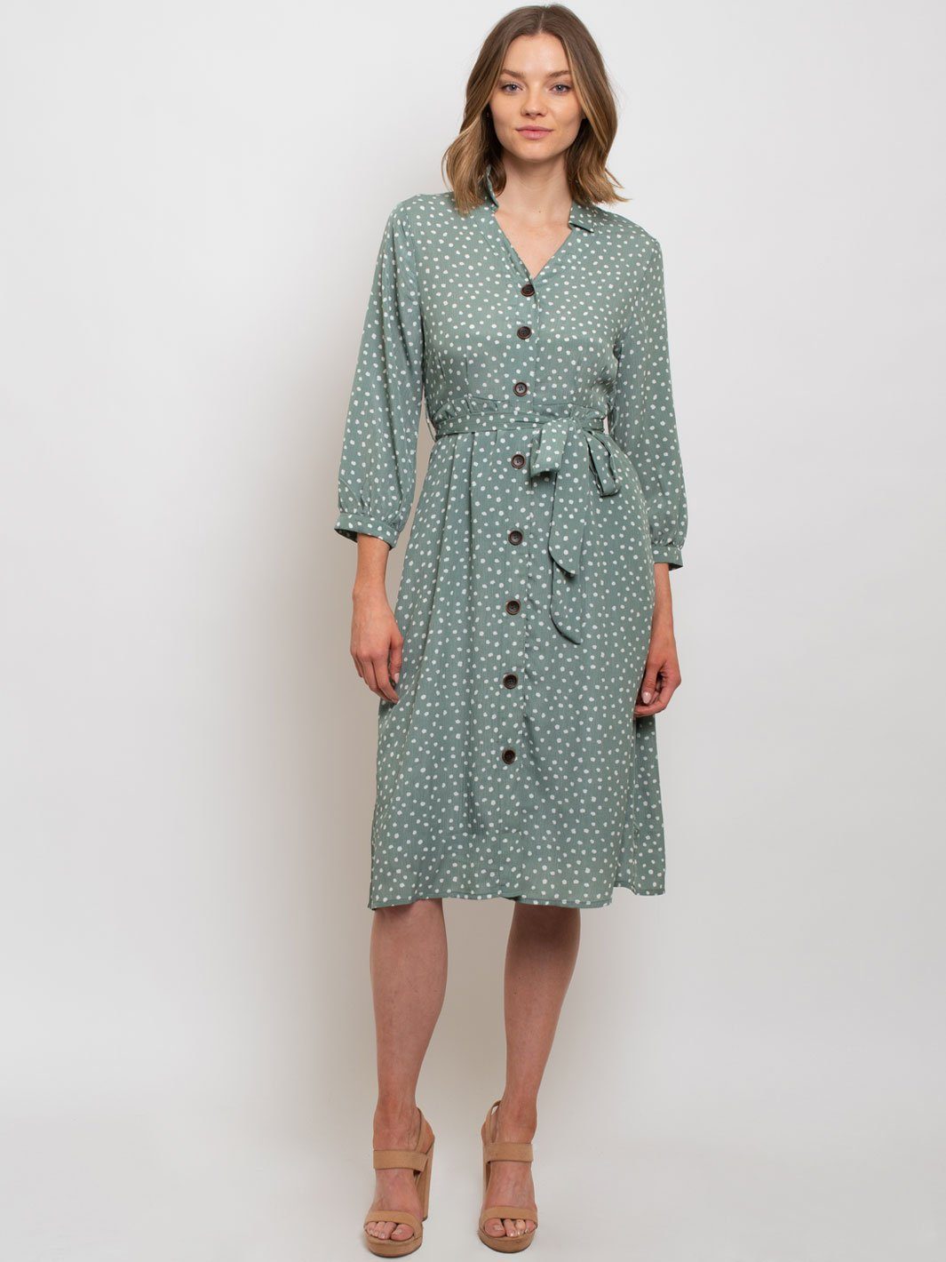 WOMEN'S COLLAR DETAIL SELF TIE BELT MIDI DRESS