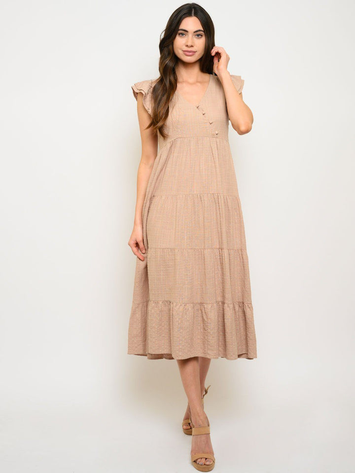 WOMEN'S SHORT SLEEVE RUFFLE LAYERED MIDI DRESS