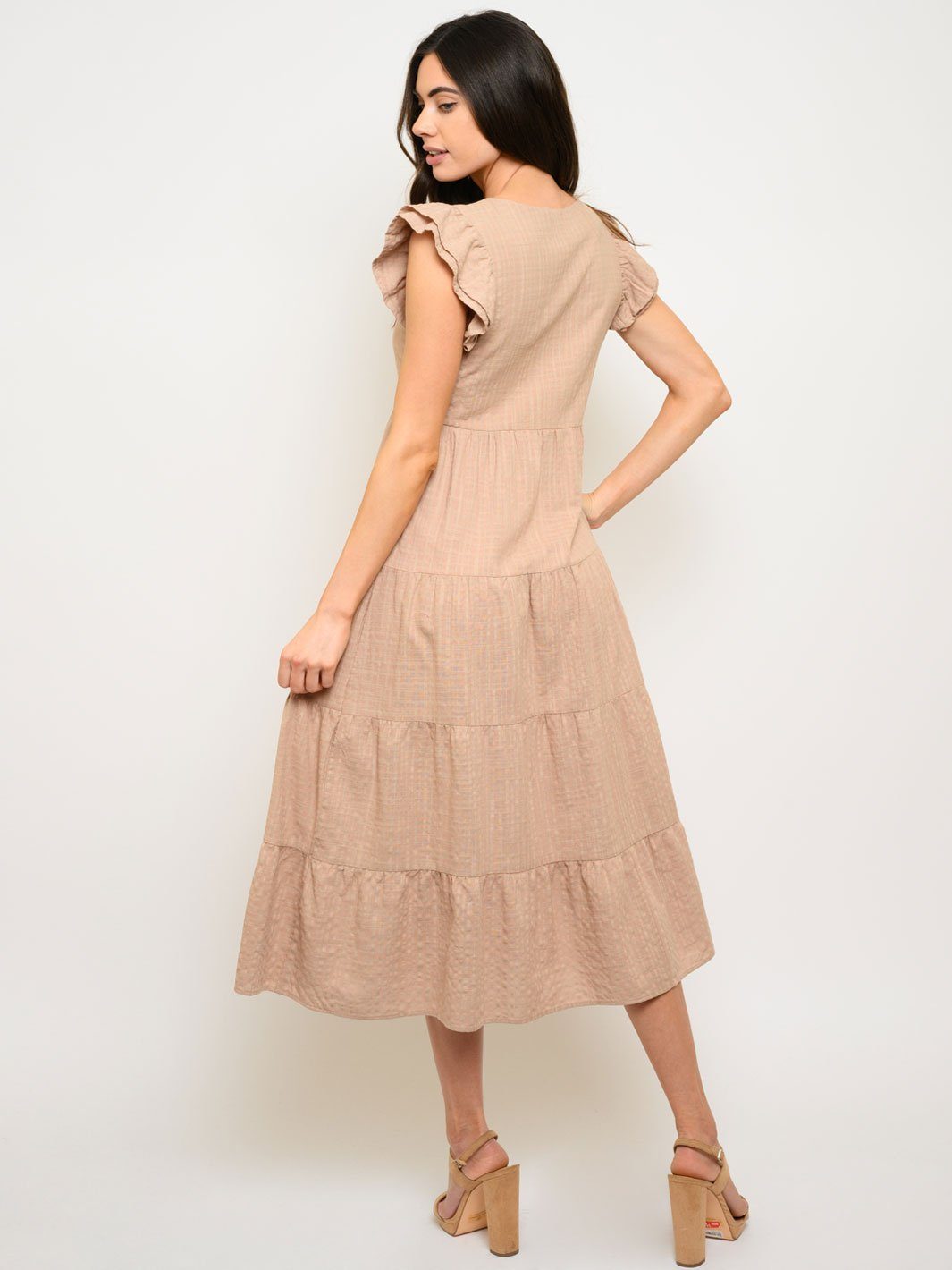 WOMEN'S SHORT SLEEVE RUFFLE LAYERED MIDI DRESS