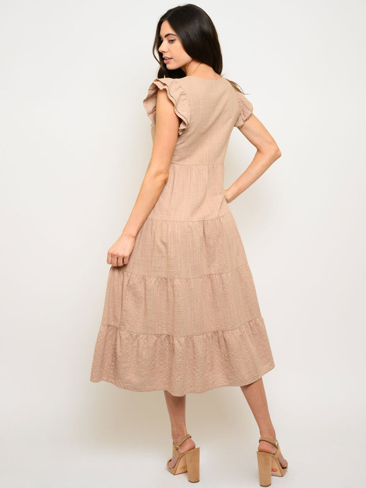 WOMEN'S SHORT SLEEVE RUFFLE LAYERED MIDI DRESS