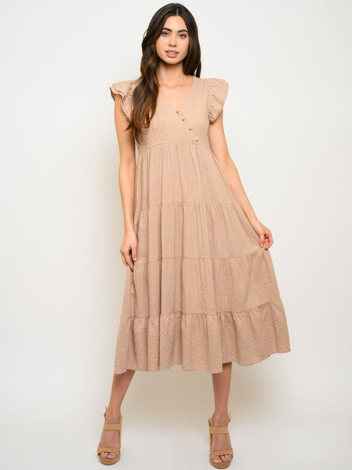 WOMEN'S SHORT SLEEVE RUFFLE LAYERED MIDI DRESS