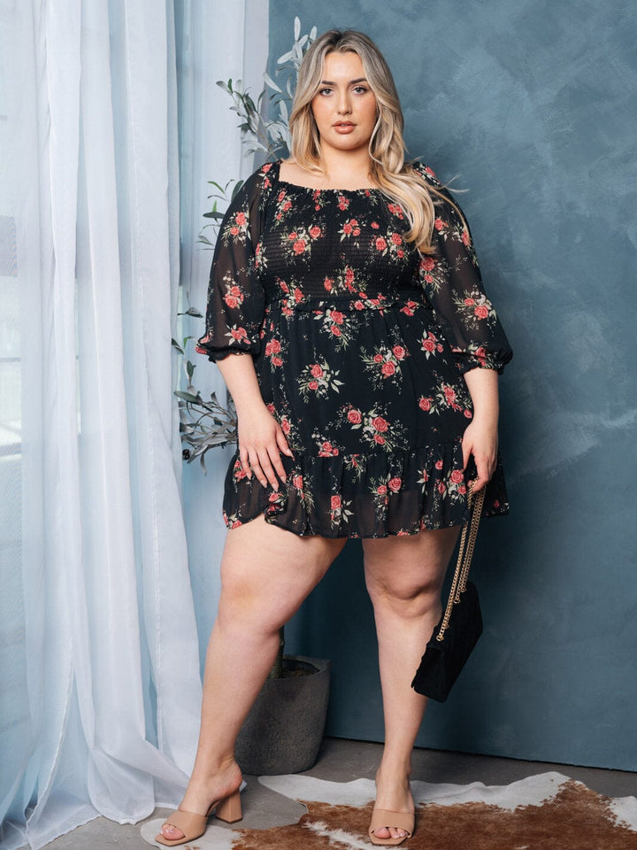 PLUS SIZE 3/4 SLEEVES RUFFLE SMOCK FLORAL MINI DRESS